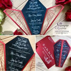 the wedding stationery is red and blue