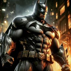 batman in the dark knight costume standing on a city street at night with his bat out