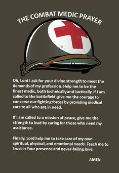 the combat medic prayer is shown with an image of a helmet and cross on it