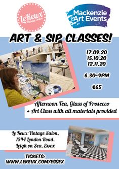 the flyer for art and sip classes