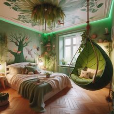 a bedroom decorated in green and white with a hanging hammock chair, bed, nightstands, lamps and paintings on the walls