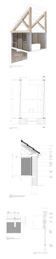 some drawings of different types of buildings and their plans for the roof, side by side