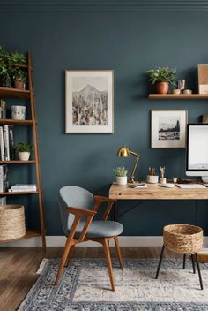 a home office with blue walls and wooden shelves filled with books, plants and other items