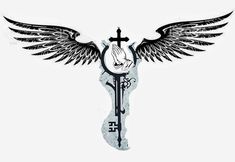 a key with wings and a cross on it