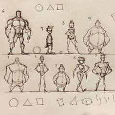 sketches of different poses and body shapes for an animation character