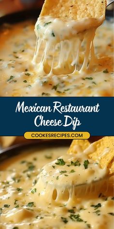 mexican restaurant cheese dip recipe with tortilla chips being lifted from a skillet