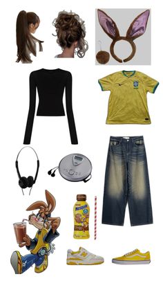 an assortment of clothing and accessories including shoes, headbands, hair clips, earphones