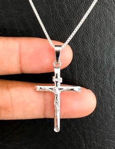 Jesus Cross Necklace, Sterling Silver Necklace, Crucifix Cross Necklace, Christian Jewelry Gifts, Cr Stamped 925 Crucifix Necklace For Gift, Sterling Silver Crucifix Necklace For Jewelry Making, Jesus Cross Necklace, Jesus Necklace, Silver Necklace Simple, Necklace Christian, Beaded Ankle Bracelets, Mens Cross Necklace, Crucifix Necklace