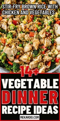 a poster with the words, stir fry brown rice with chicken and vegetables in it