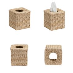 three wicker baskets with tissue holders and napkin dispenser on white background