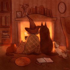 two cats sitting in front of a fire place with books and other items on the floor