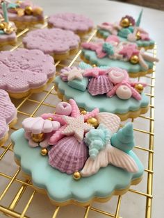 cookies decorated with sea shells and seashells on a cooling rack