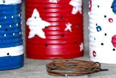 red, white and blue paper cups are lined up