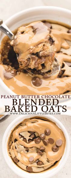 peanut butter chocolate - covered baked oats in a white bowl