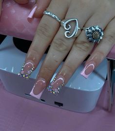 Pink French Tip Nails Rhinestones, Simple Pink Nail Set, Nail Ideas Gems Rhinestones, Short Pink French Tip Nails With Rhinestones, Pink Acrylic With Rhinestones, Pink French Tip Diamonds, Light Pink French Tip With Rhinestones, Pink And Silver Nail Designs, Pink And Silver Nails