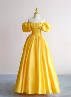 Yellow Satin Prom Dress, Yellow Evening Dress, Off Shoulder Prom Dress, Short Sleeve Prom Dresses, Yellow Evening Dresses, Floral Dress Formal, Prom Dresses Yellow, Yellow Satin