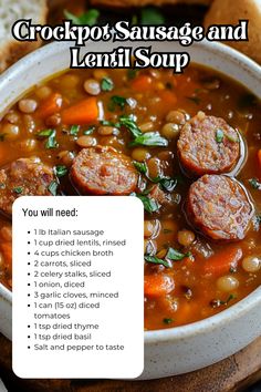 a bowl of soup with sausage and lentils