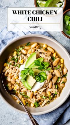 Healthy White Chicken Chili in a bowl. Healthy White Chicken Chili, Spicy Chicken Chili, Healthy Chicken Chili, Chicken Chili Recipe Easy, Chili Healthy, Easy Chicken Chili, White Chicken Chili Healthy, White Chicken Chili Slow Cooker, White Chicken Chili Recipe