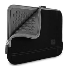 a black and grey laptop case is open