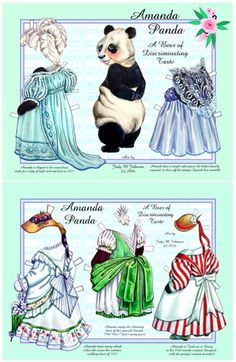 two pictures of pandas in dresses with names