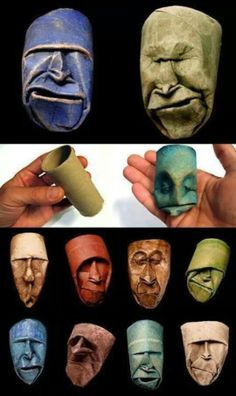 several different colored clay masks being held in their hands and placed on top of each other