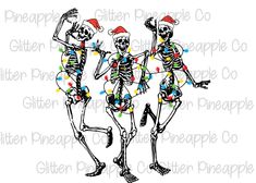 three skeletons dancing with christmas lights on their heads and arms, wearing santa's hats