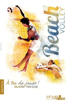 an advertisement for a volley ball game with two people playing tennis on the court and one person jumping up to hit the ball