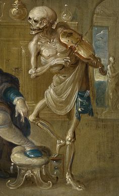 a painting of a skeleton sitting on a chair next to a man with a violin