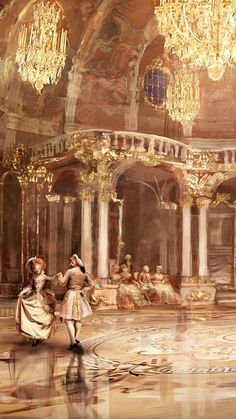 a painting of two people dancing in an ornate room with chandeliers hanging from the ceiling