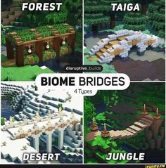 the different types of trees and plants in minecraft are shown above text that reads forest, taiga, biome bridges, desert jungle