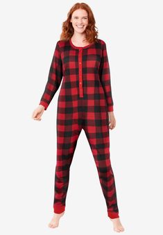 You'll be comfy, cozy and cute for the holidays in these onesie pajamas designed with a long Henley neckline so you can slip in and out with ease. Made with cuffed sleeves and legs. 30" inseamPure cotton with cotton/poly trim, importedMachine washable Onesie Pajamas Women, Plus Size Sleepwear, Red Buffalo Plaid, Onesie Pajamas, Nightgowns For Women, Holiday Prints, Swimsuits For All, Sleepwear & Loungewear, Print Pajamas