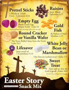 an easter story snack mix poster with the names of different foods and symbols on it