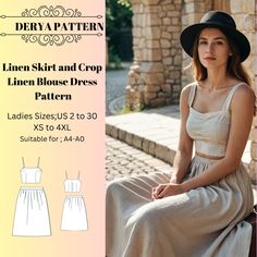 a woman in a dress and hat sitting on a brick wall with the text, linen skirt and crop liner linen blouse dress pattern ladies sizes us 2 to 30 xs to 4xl suitable for aa - 4x