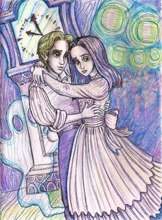 a drawing of two girls hugging in front of a clock