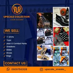 an advertisement for the upcycle collection, with images of shoes and clothing on display