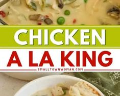 chicken and rice in a white bowl with the words chicken a la king above it