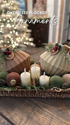 a basket filled with candles sitting on top of a table