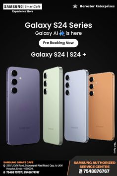 an advertisement for the samsung galaxy s4 series, with three different colors and sizes