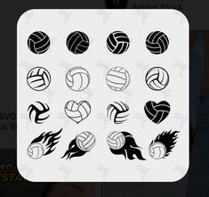 volleyball balls with different shapes and sizes in black on a white background, set of nine