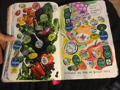 an open book with pictures of fruits and vegetables on the pages, in someone's hand