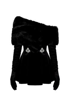 CHAHNA Velvet Mini Dress With Gloves Mini Dress With Gloves, Velvet Dress Black, Luxury Coat, Nana Jacqueline, Velvet Aesthetic, Dress With Gloves, Fur Dress, Removable Collar, Mode Abaya