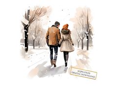 two people walking down a snowy street holding hands