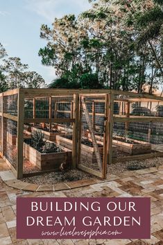 an outdoor garden area with plants in wooden boxes and text overlay reading building our dream garden