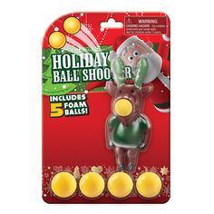 the holiday ball shooter is packaged with five balls in it's package, and has an animal figure on top