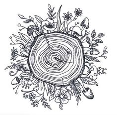 a black and white drawing of a tree stump with flowers around it, surrounded by leaves and mushrooms