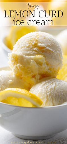 two scoops of lemon curd ice cream in a white bowl