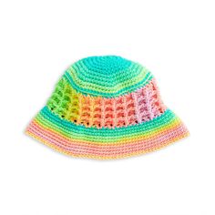 a multicolored crocheted hat on a white background