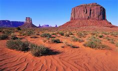 the desert is full of red sand and green plants in front of a large rock formation