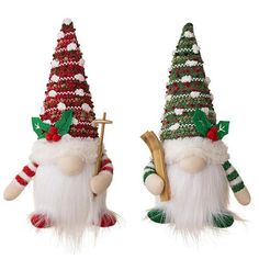 two christmas gnomes with green and red hats, one holding a stick while the other holds a cross