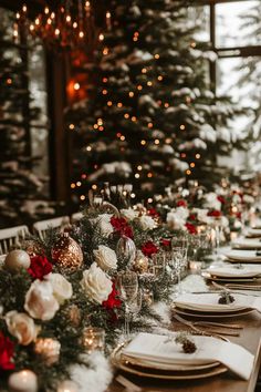 the table is set with white and red flowers, greenery, silverware and candles